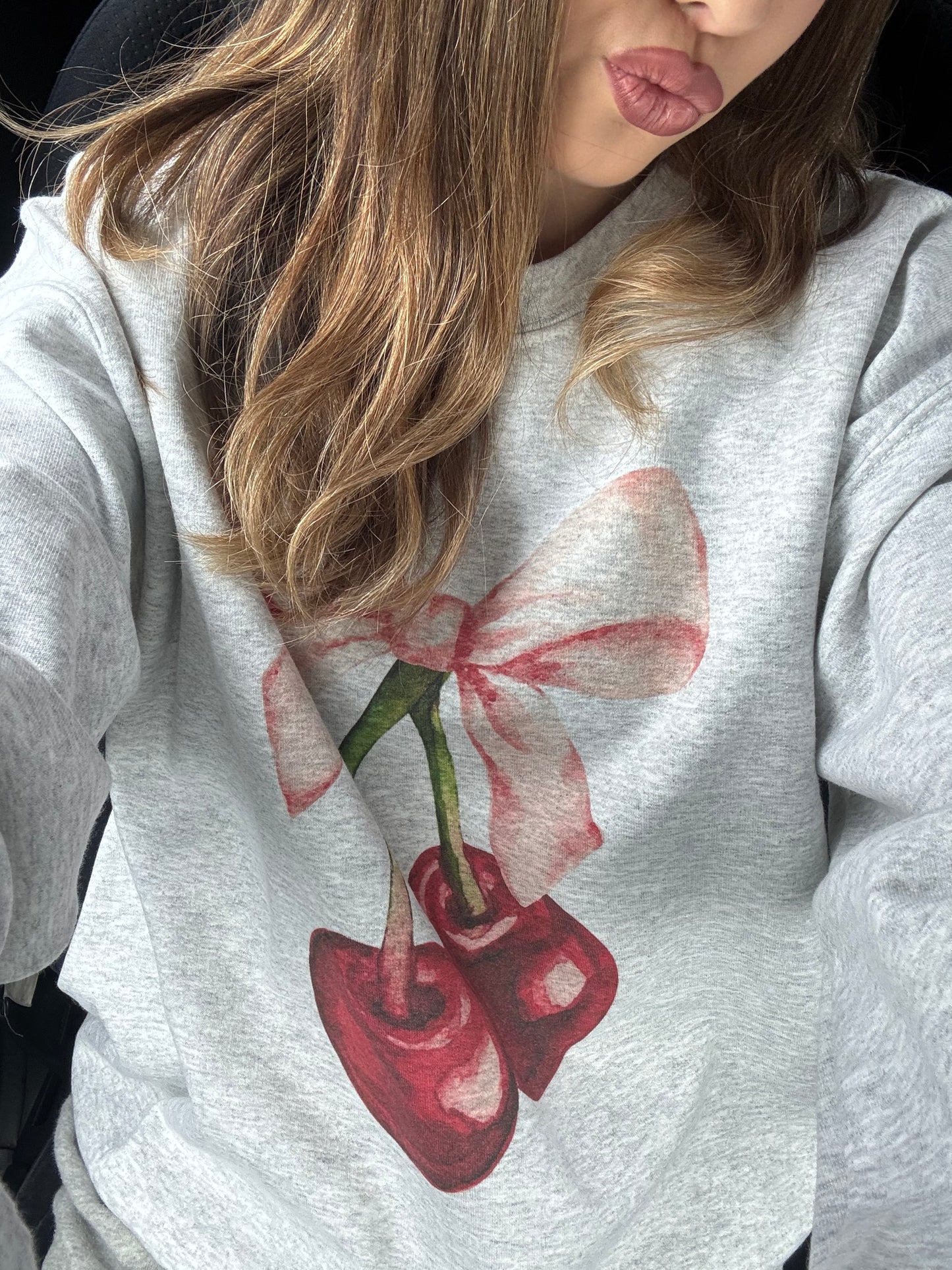 Cherry Ribbon graphic sweatshirts in our ash color