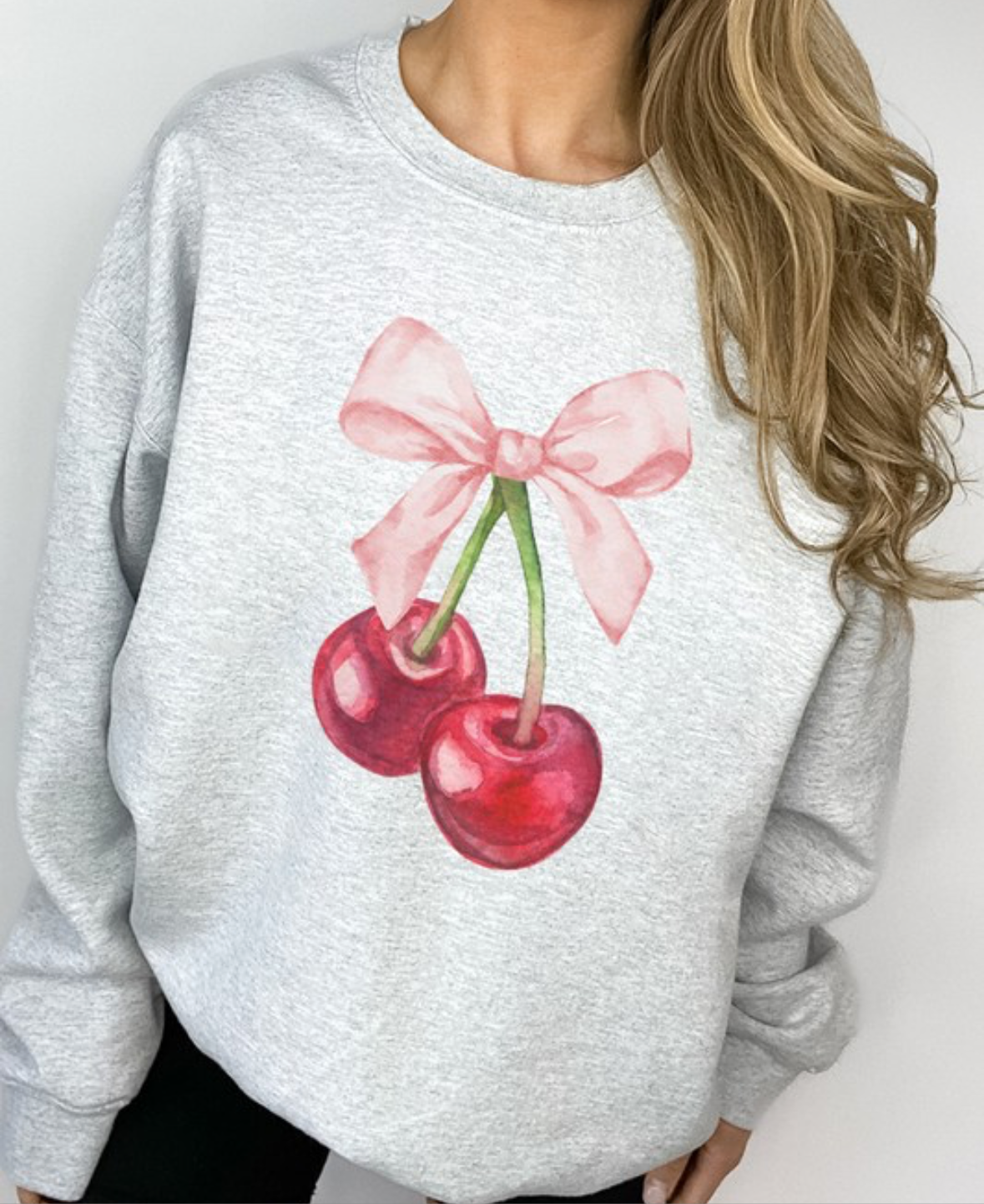Cherry Ribbon graphic sweatshirts in our ash color